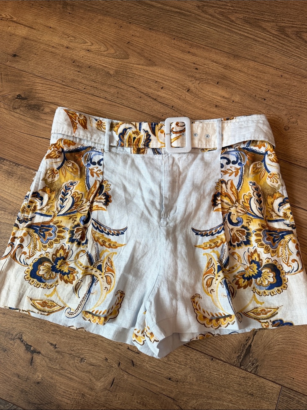 Joie White Linen-Blend High-Waist Shorts with Yellow & Blue Floral Print
